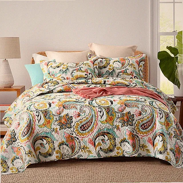 Cotton Bedspread Quilt Sets Reversible Bedding Coverlet Sets Comforter Paisle...