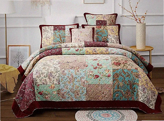 DaDa Bedding Burgundy Red Velvet Floral Roses Patchwork Cotton Bedspread Set