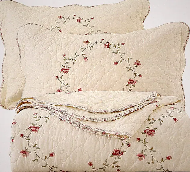 Floral Embroidered 3-Piece Cotton Bedspread Set - Full/Queen Reversible Quilt